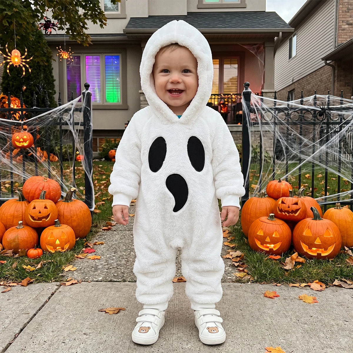 Halloween Baby Ghost Plush Long Sleeve Hooded Jumpsuit