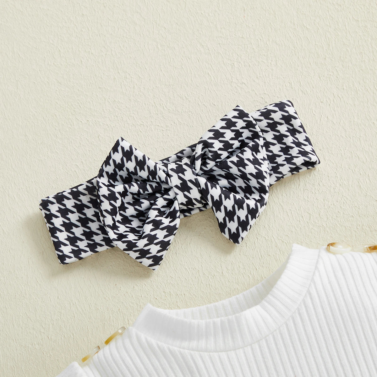 Baby Girls Houndstooth Ribbed Romper Dress with Matching Headband and Knee High 3 PC Set