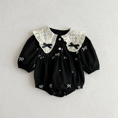 Baby Girls Goth Long Sleeve Bow Embroidered Sisters Romper / Dress