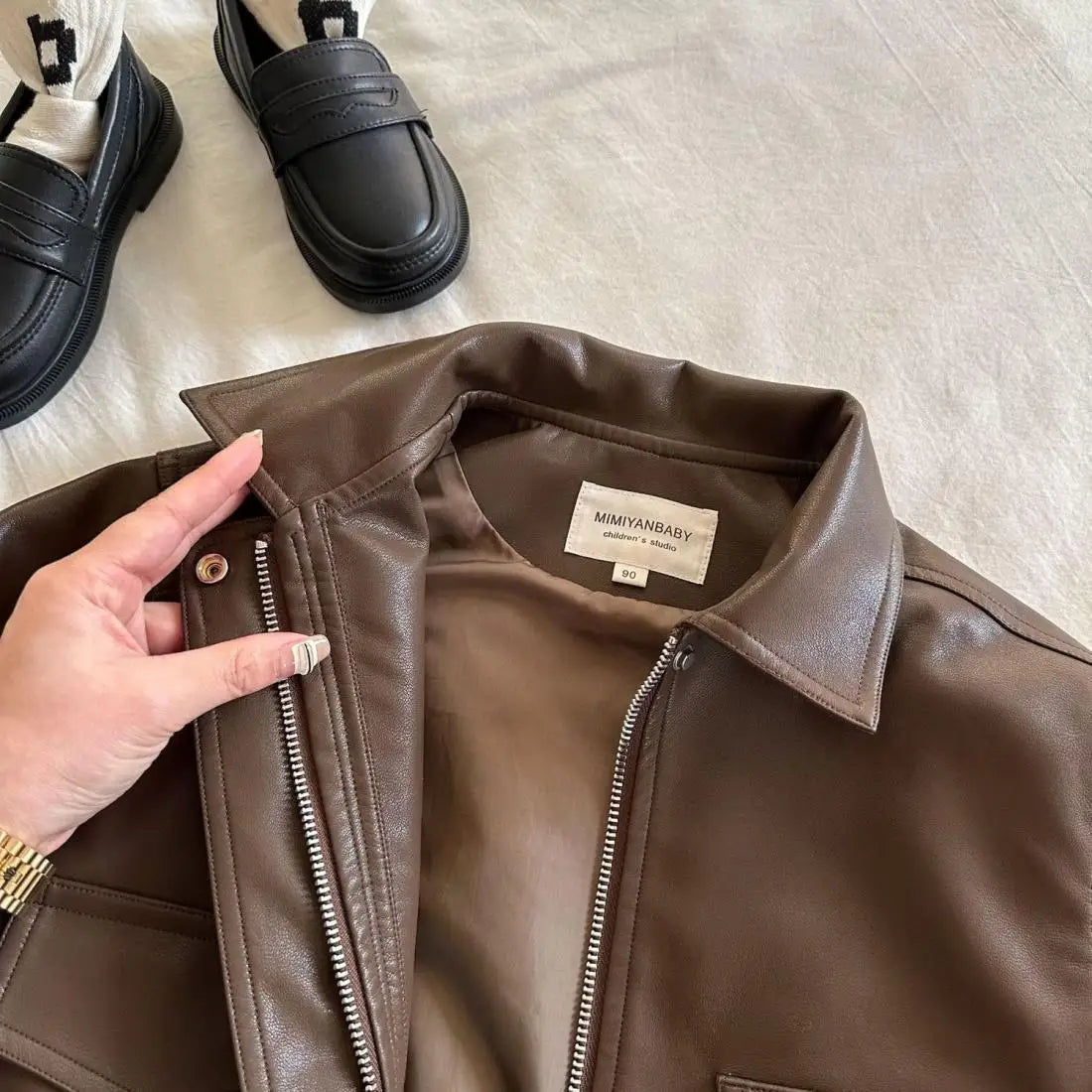 Toddler Boy Brown Lapel Collar PU Leather Jacket
