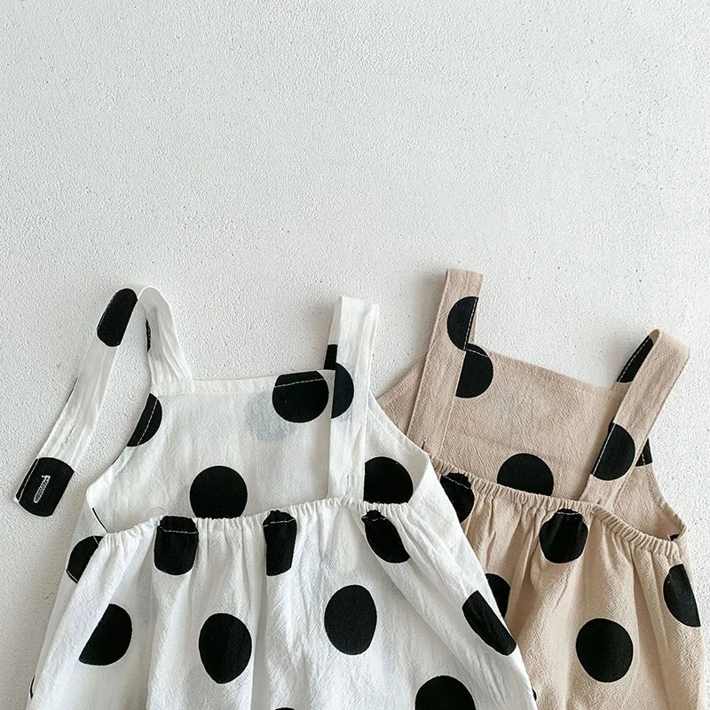 Baby Two Piece Summer Large Polk-A-Dot Overalls Romper With Matching Sun Hat Set