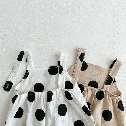 Baby Two Piece Summer Large Polk-A-Dot Overalls Romper With Matching Sun Hat Set