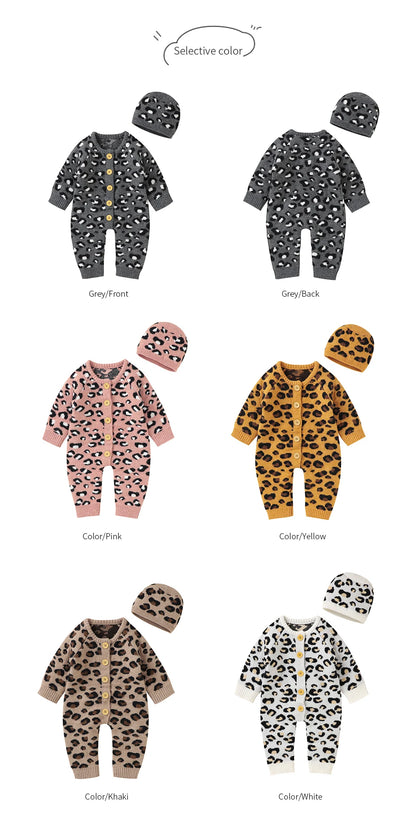 Baby Girl Leopard Knitted Long Sleeve 2 PC Jumpsuit with Matching Hat