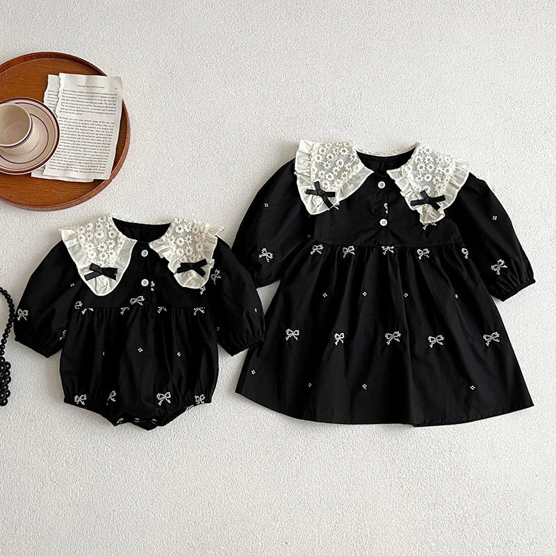 Baby Girls Goth Long Sleeve Bow Embroidered Sisters Romper / Dress