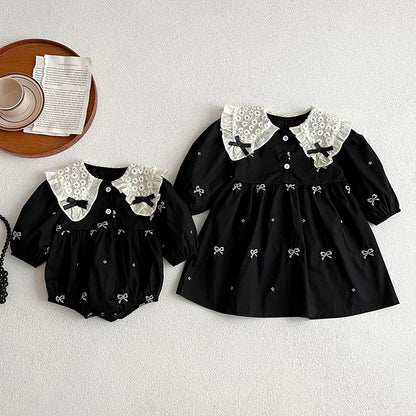 Baby Girls Goth Long Sleeve Bow Embroidered Sisters Romper / Dress