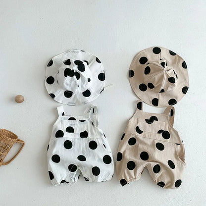 Baby Two Piece Summer Large Polk-A-Dot Overalls Romper With Matching Sun Hat Set