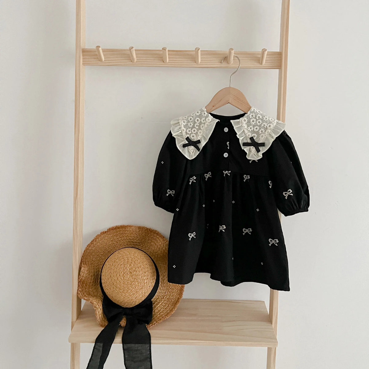 Baby Girls Goth Long Sleeve Bow Embroidered Sisters Romper / Dress