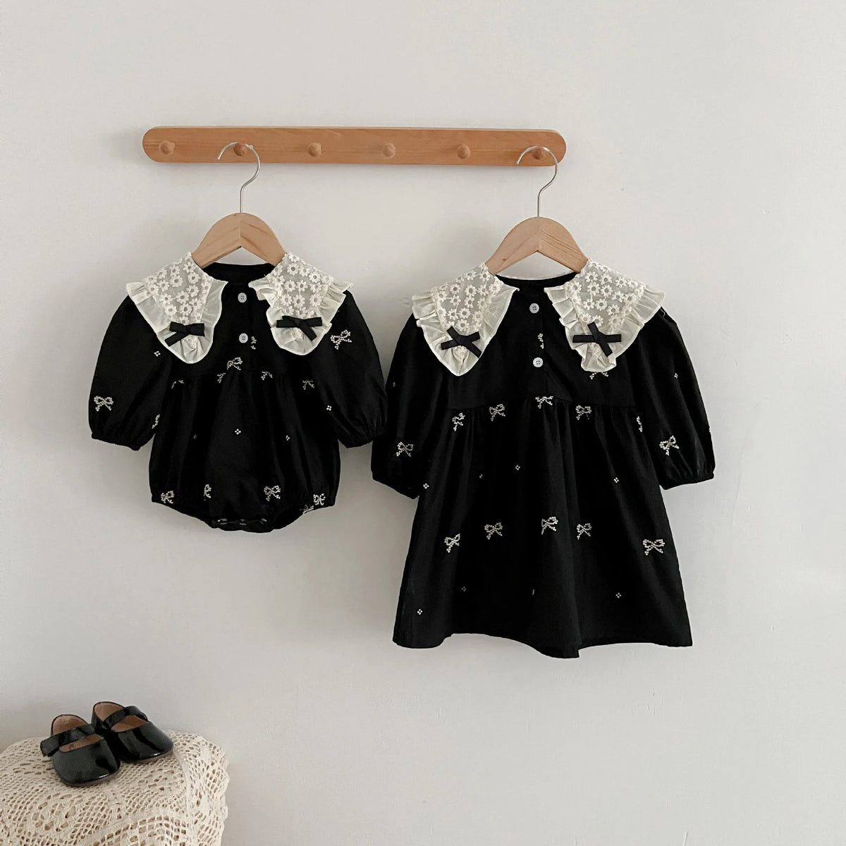 Baby Girls Goth Long Sleeve Bow Embroidered Sisters Romper / Dress
