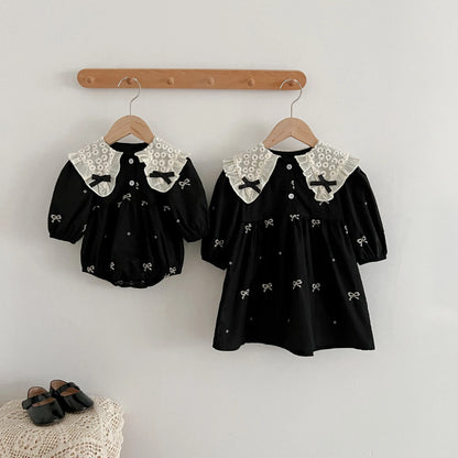 Baby Girls Goth Long Sleeve Bow Embroidered Sisters Romper / Dress