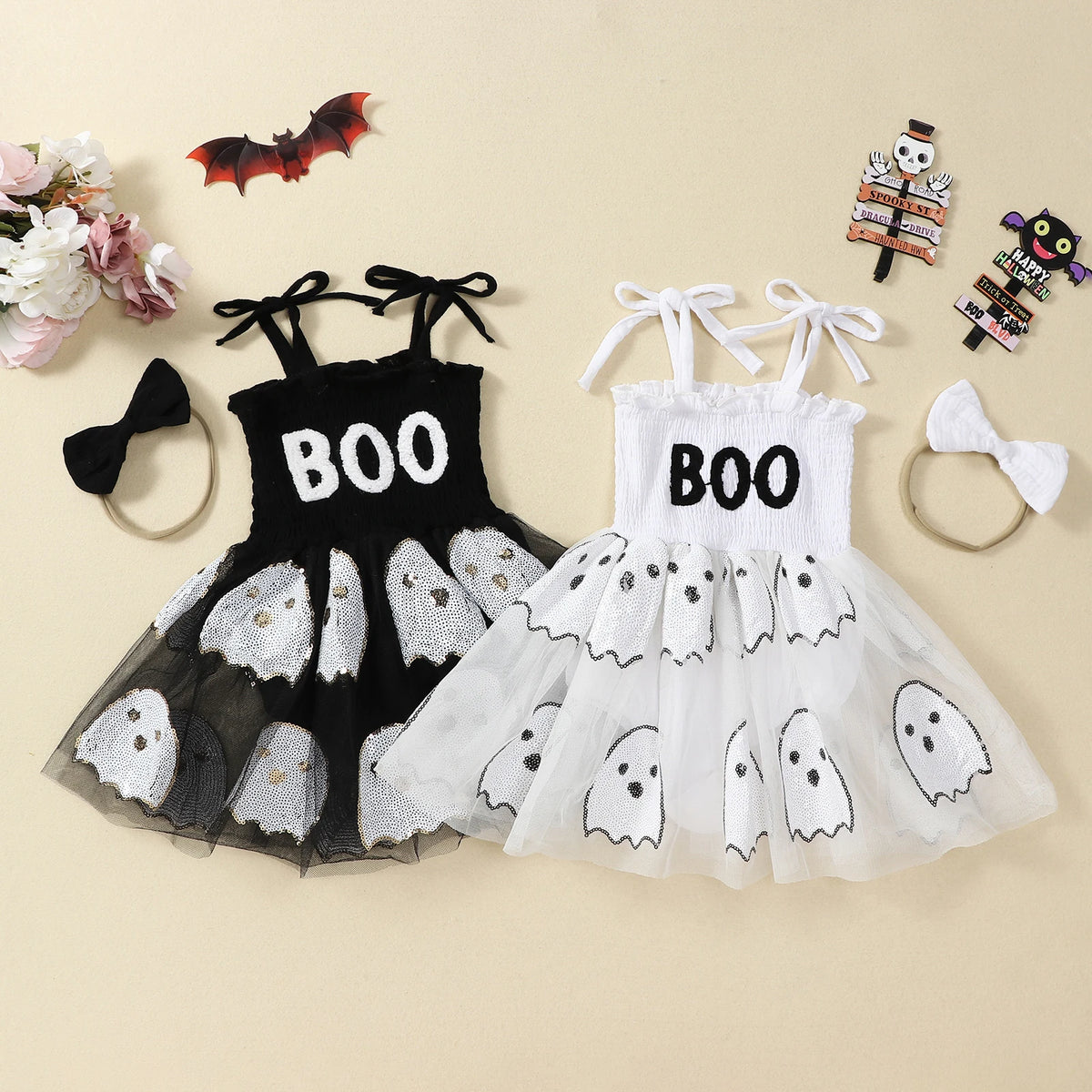Halloween Infant Baby Girl Sequin Ghosts Jumpsuit w/ Tulle Skirt and Matching Bow Headband