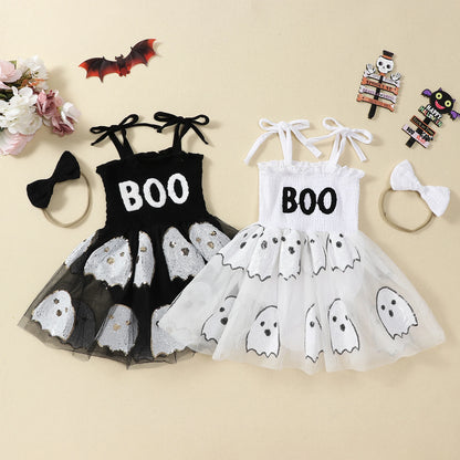 Halloween Infant Baby Girl Sequin Ghosts Jumpsuit w/ Tulle Skirt and Matching Bow Headband