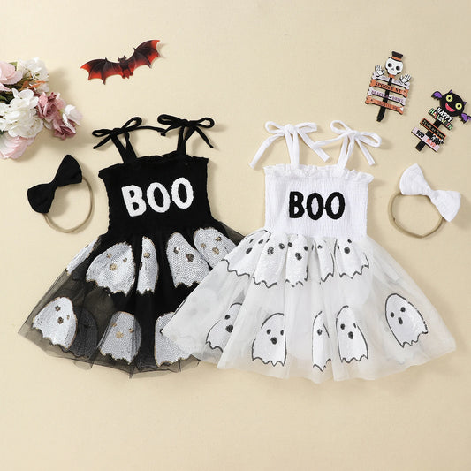 Halloween Infant Baby Girl Sequin Ghosts Jumpsuit w/ Tulle Skirt and Matching Bow Headband