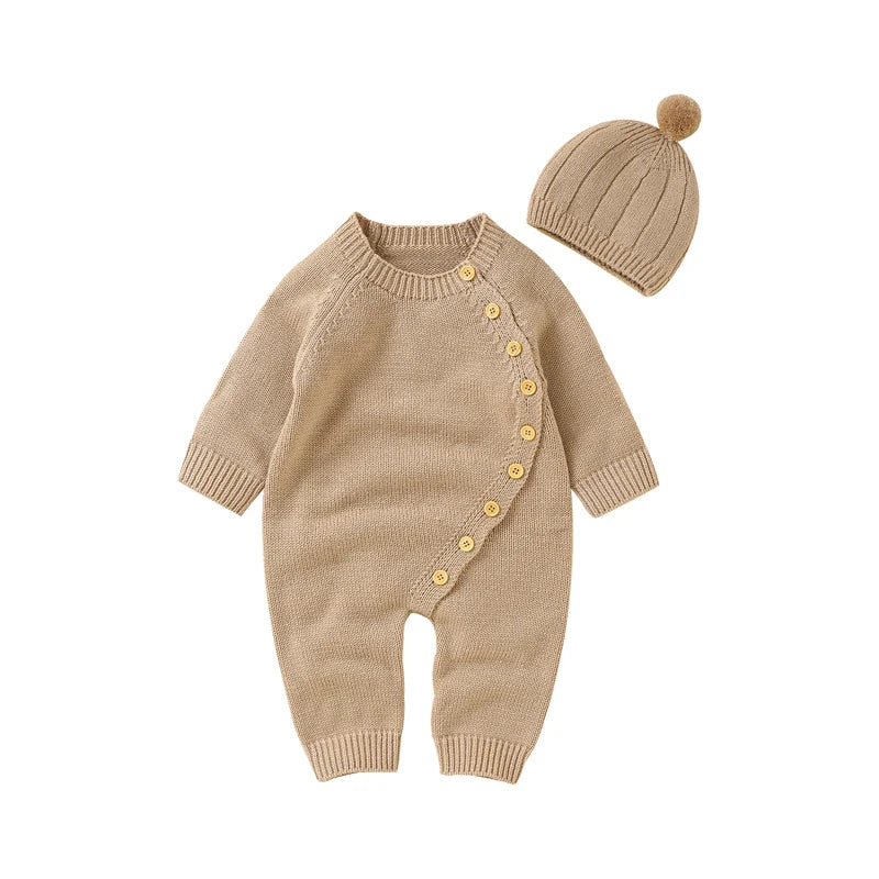 Baby Long Sleeve Knitted Jumpsuit with Matching Beenie