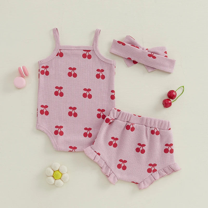 Baby Girl Waffle Knit Cherry Print Summer Onesie, Shorts and Headband 3 PC Set