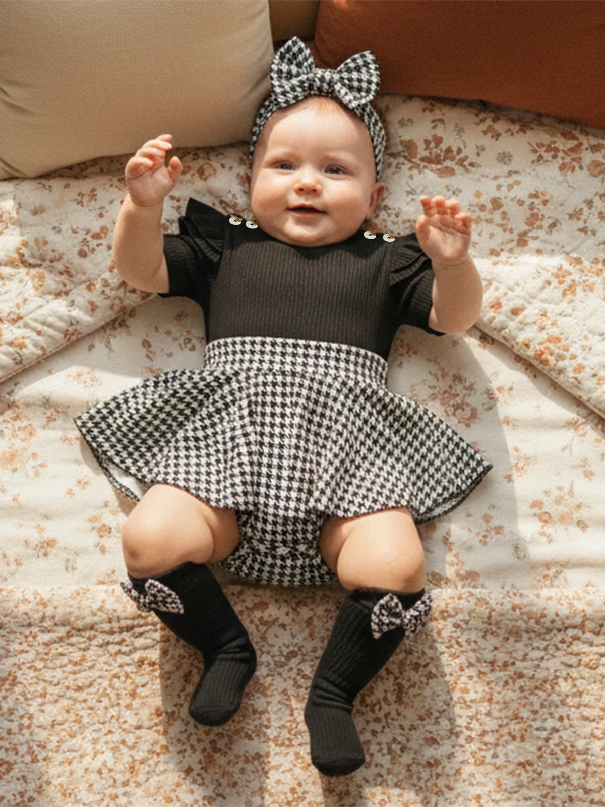 Baby Girls Houndstooth Ribbed Romper Dress with Matching Headband and Knee High 3 PC Set