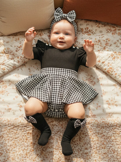 Baby Girls Houndstooth Ribbed Romper Dress with Matching Headband and Knee High 3 PC Set
