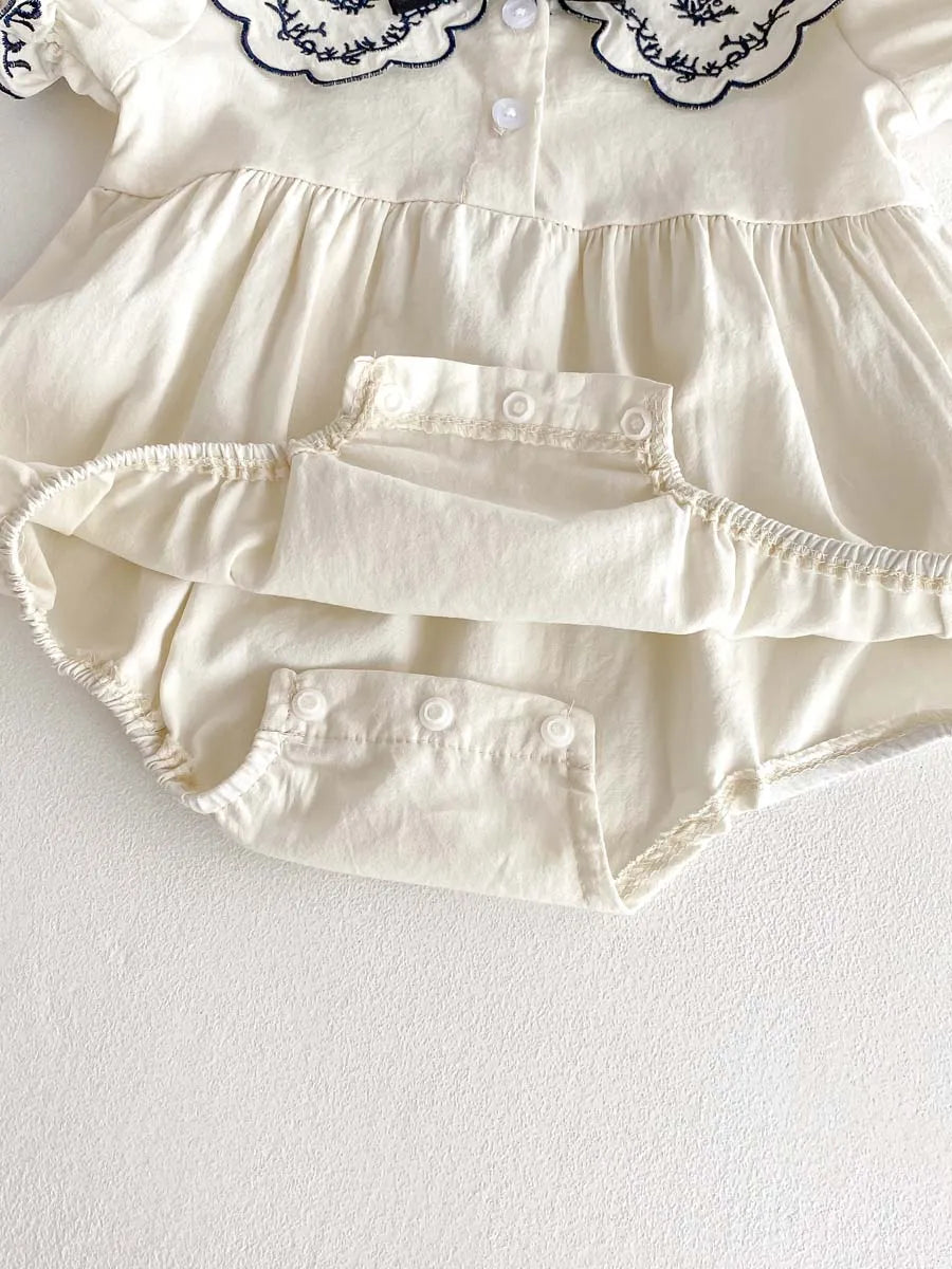 Baby Girl Embroidered Lapel Short Sleeve Triangle Jumpsuit