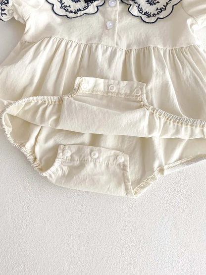 Baby Girl Embroidered Lapel Short Sleeve Triangle Jumpsuit