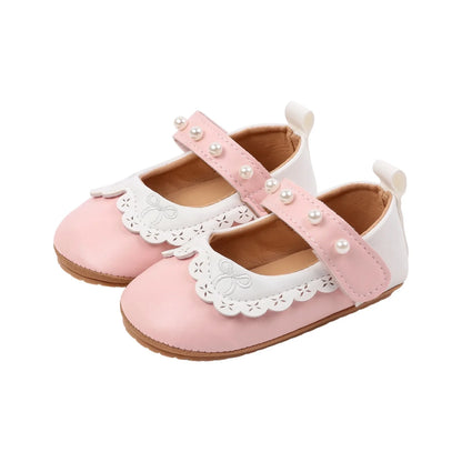 Baby / Newborn Girl Mary Jane Flats with Pearls and Bow Embroidery