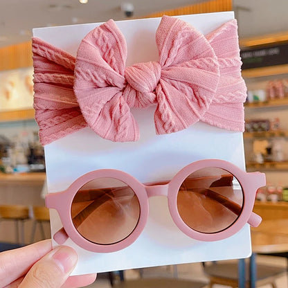2 PC Cotton Bowknot Wide Hairband and Round Sunglasses Set Baby Girls