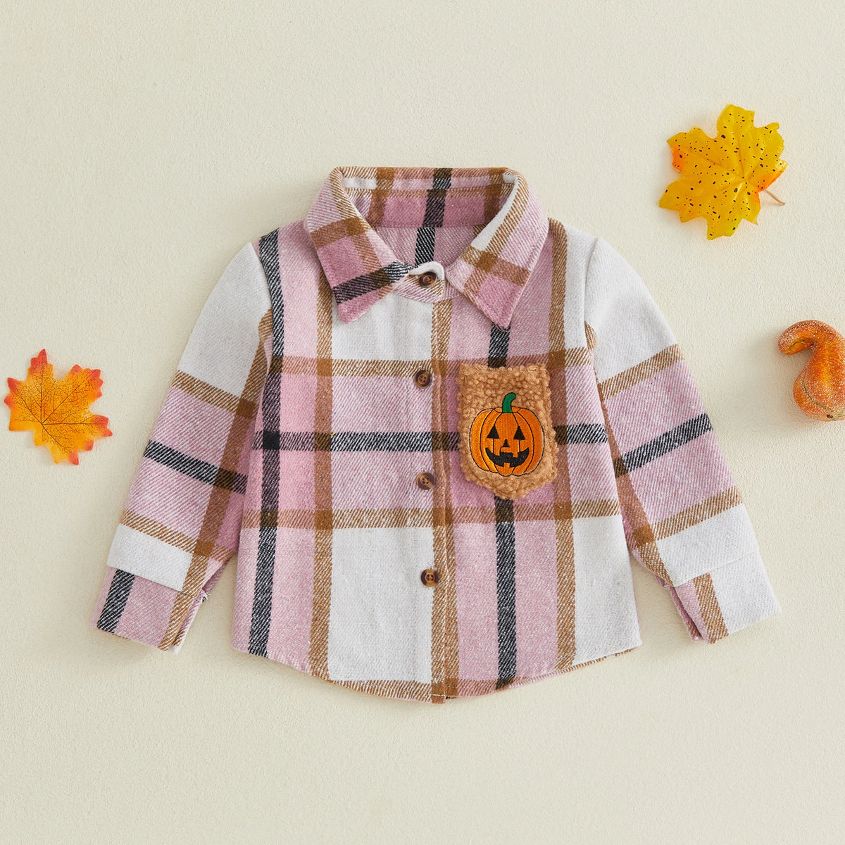 Toddler Girls Lightweight Plaid Flannel with Embroidered Pumpkin