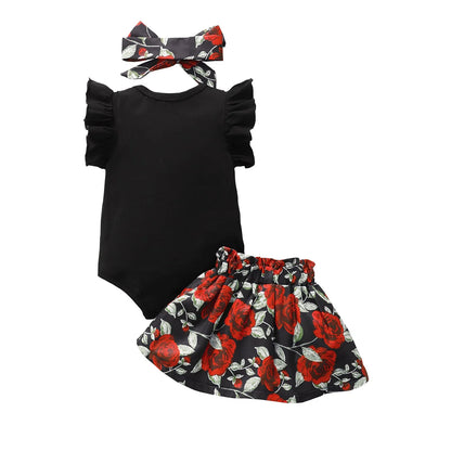 Baby Girl Black Ruffle Sleeve Onesie with Floral Skirt and Matching Headband 3 PC Set