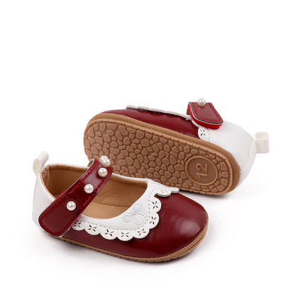 Baby / Newborn Girl Mary Jane Flats with Pearls and Bow Embroidery