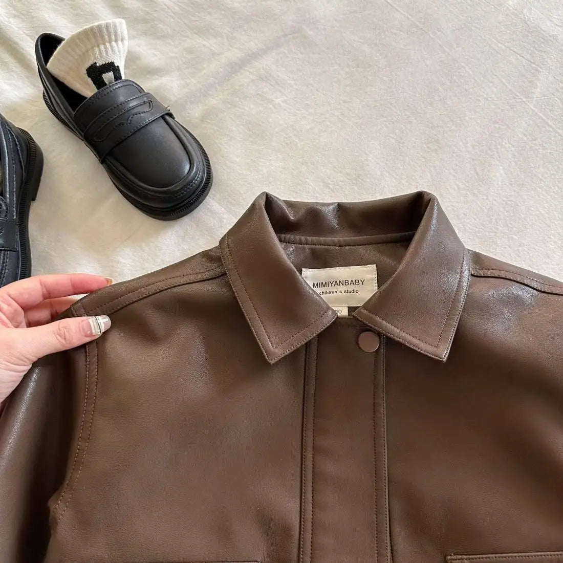 Toddler Boy Brown Lapel Collar PU Leather Jacket