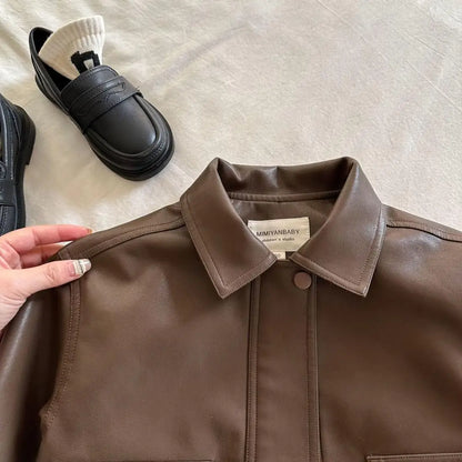 Toddler Boy Brown Lapel Collar PU Leather Jacket