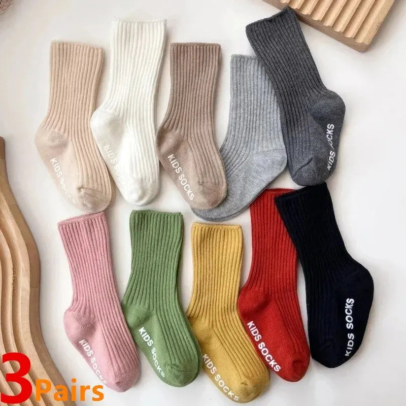 Baby / Toddler Unisex Three Pair Lot Cotton Ribbed Soft Non-Slip Rubber Grip Socks