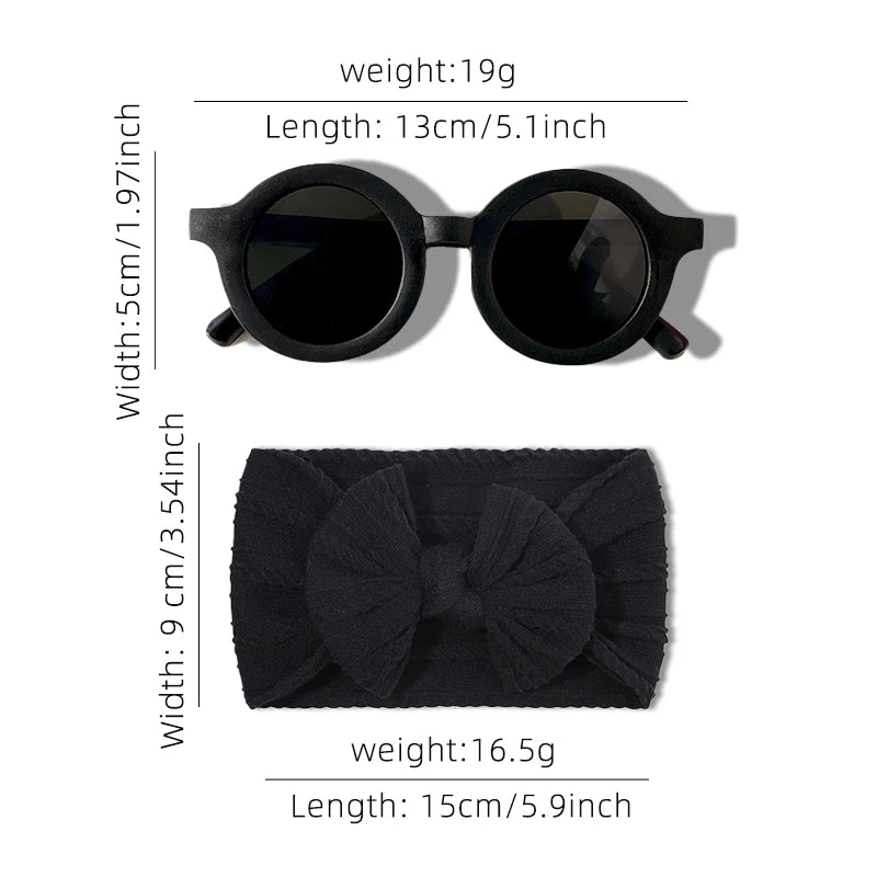 2 PC Cotton Bowknot Wide Hairband and Round Sunglasses Set Baby Girls