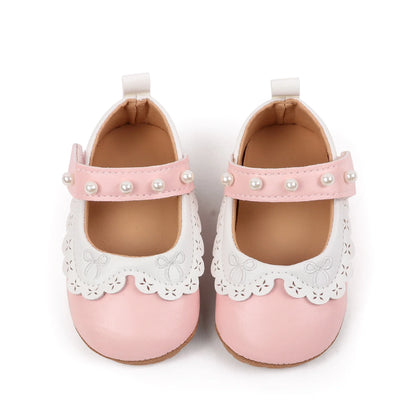 Baby / Newborn Girl Mary Jane Flats with Pearls and Bow Embroidery