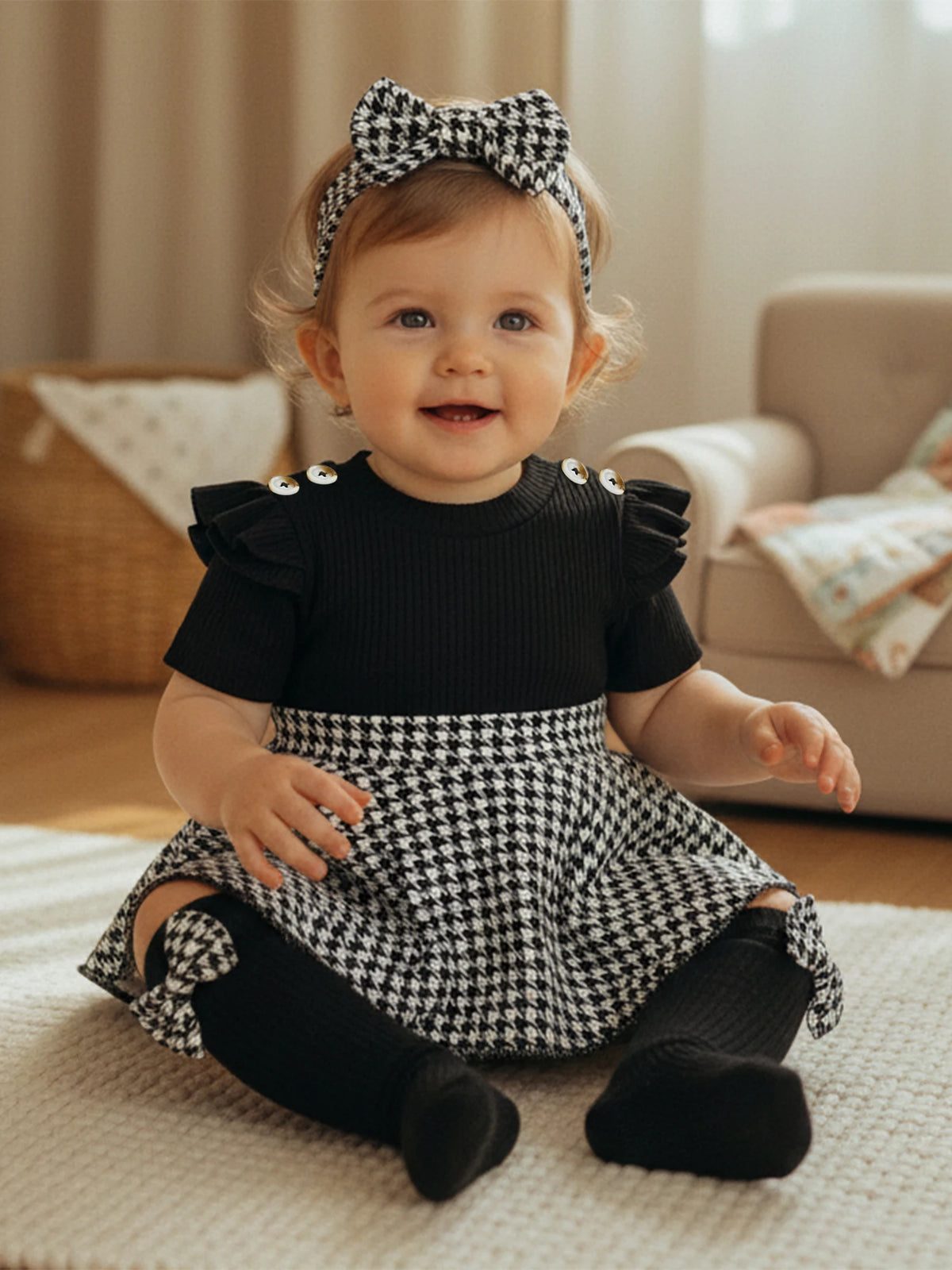 Baby Girls Houndstooth Ribbed Romper Dress with Matching Headband and Knee High 3 PC Set