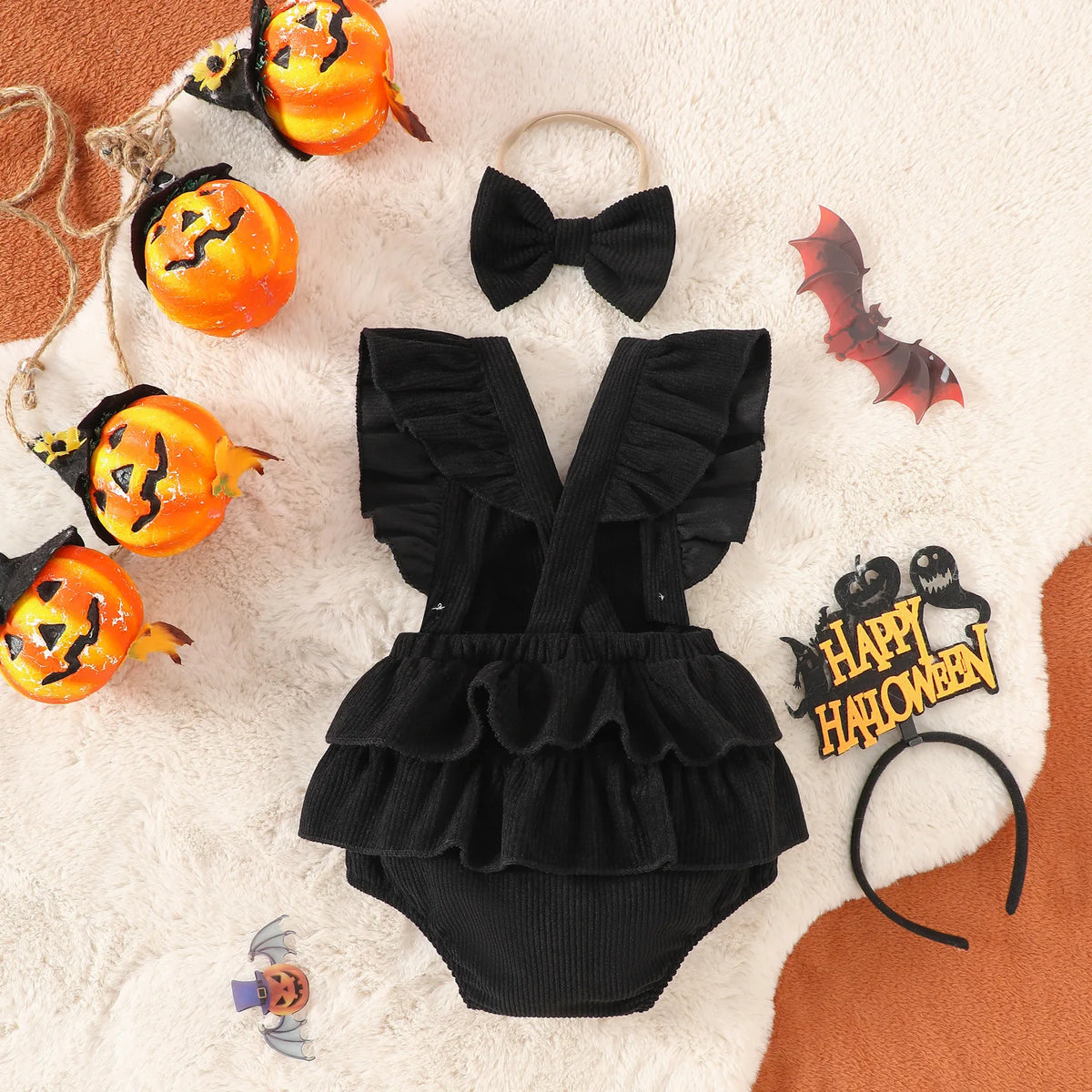 Baby Girl Halloween Corduroy Jumpsuit with matching  Headband