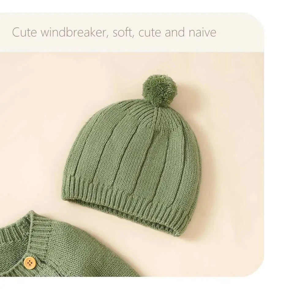 Baby Long Sleeve Knitted Jumpsuit with Matching Beenie