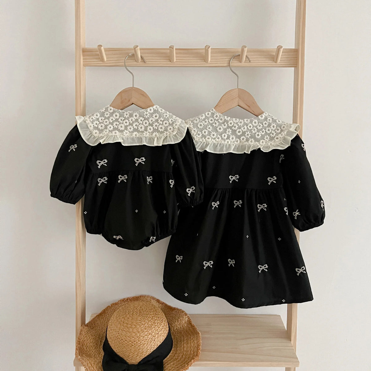 Baby Girls Goth Long Sleeve Bow Embroidered Sisters Romper / Dress