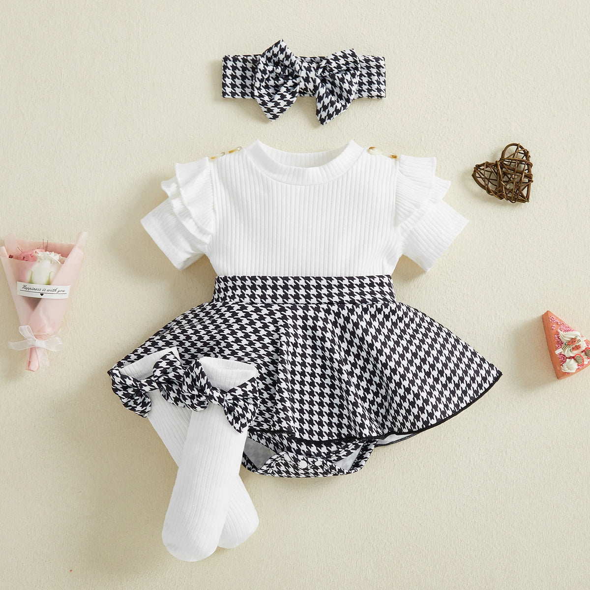 Baby Girls Houndstooth Ribbed Romper Dress with Matching Headband and Knee High 3 PC Set