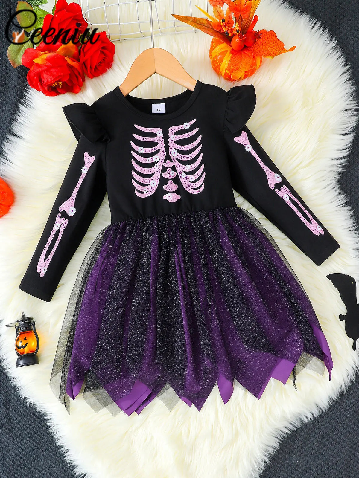 Halloween Girls Purple Skeleton Mesh Party Dress