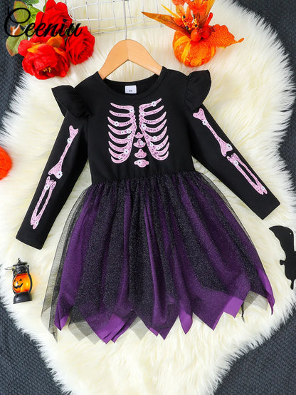 Halloween Girls Purple Skeleton Mesh Party Dress