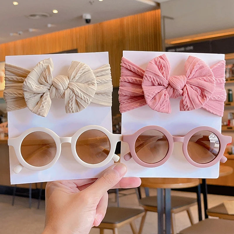 2 PC Cotton Bowknot Wide Hairband and Round Sunglasses Set Baby Girls