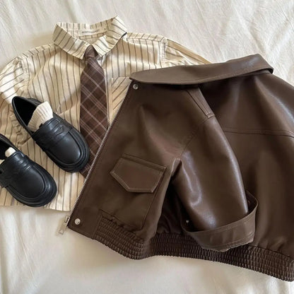 Toddler Boy Brown Lapel Collar PU Leather Jacket