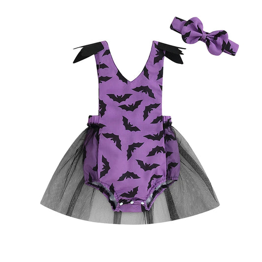 Halloween Baby Girl Bat Print Mesh Romper 2 Piece Outfit