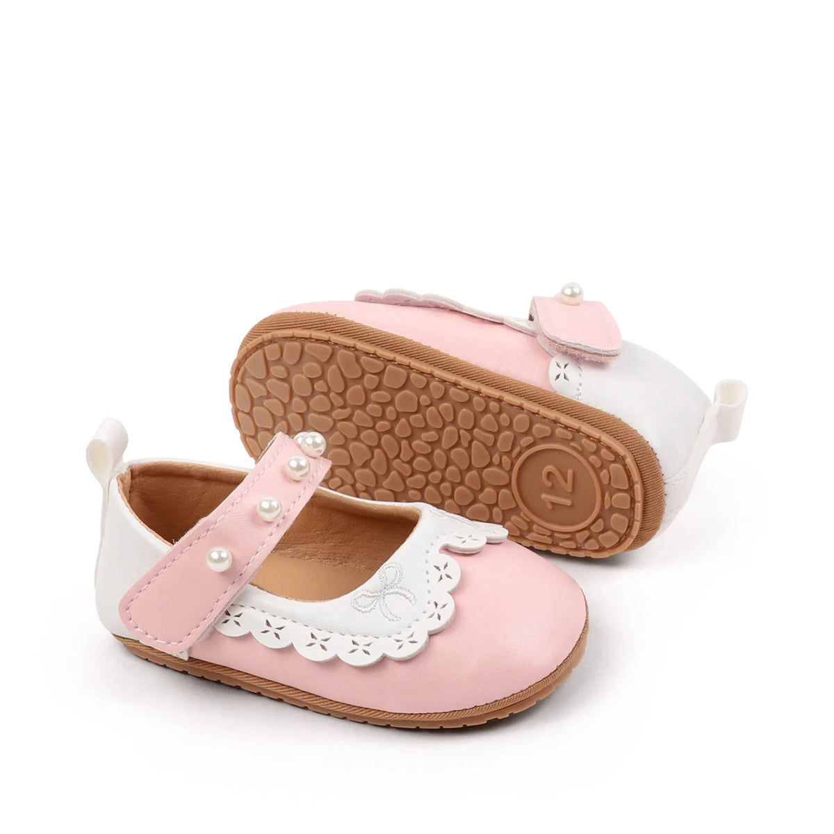 Baby / Newborn Girl Mary Jane Flats with Pearls and Bow Embroidery