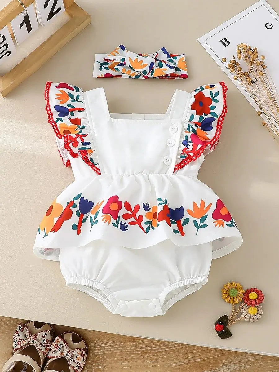 Baby Girl Flower Print Square Neck 2PC Bodysuit Romper with Matching Headband