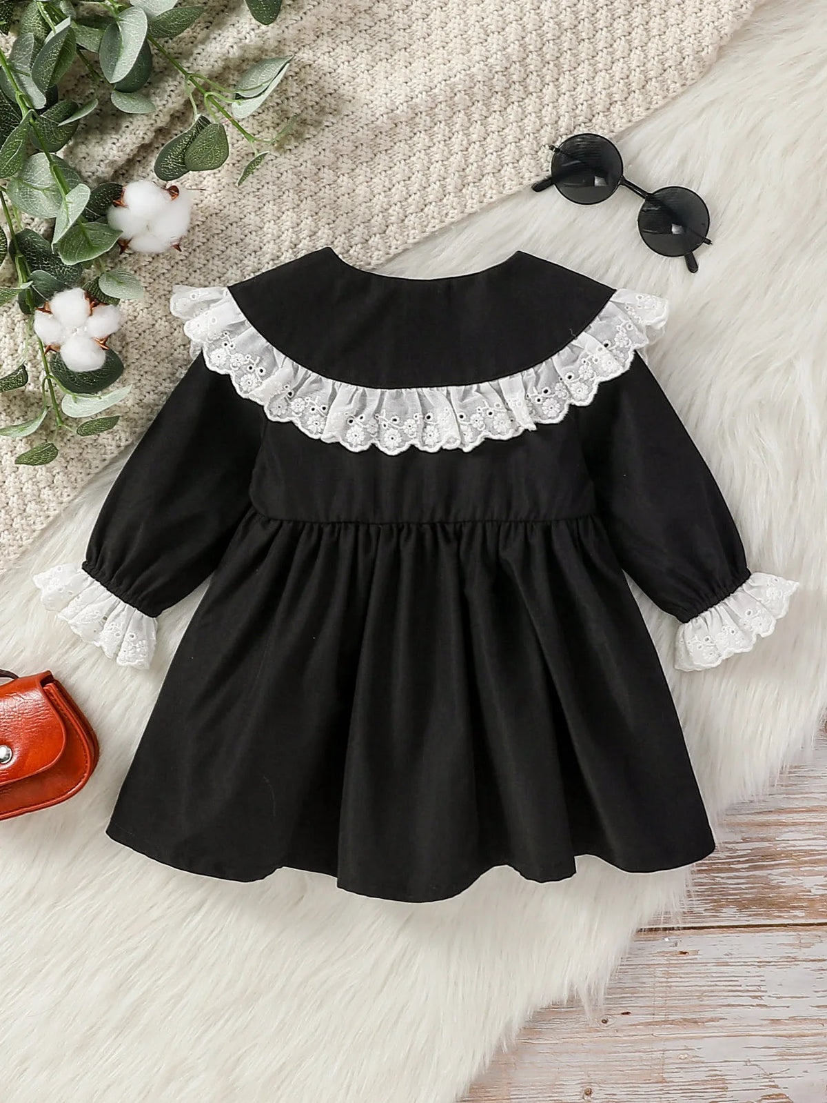 Baby Girl Gothic Long Sleeve Dress with Peter Pan Lace Collar & Sleeves