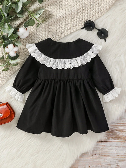 Baby Girl Gothic Long Sleeve Dress with Peter Pan Lace Collar & Sleeves