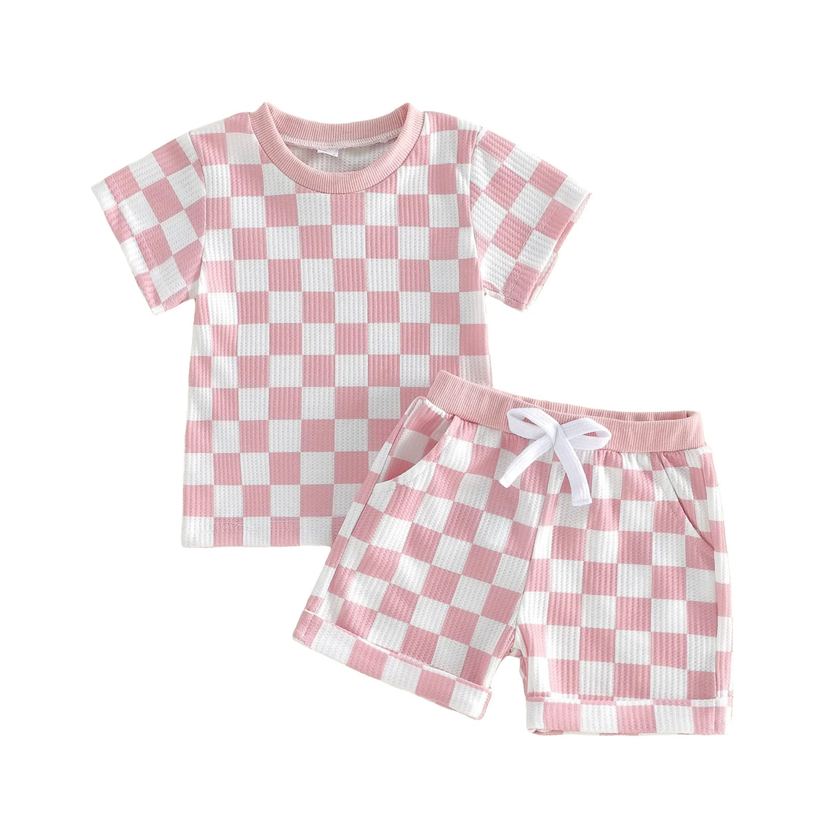 Baby Girl Checkered Print Short Sleeve Waffle Tops with Shorts 2Pcs Set