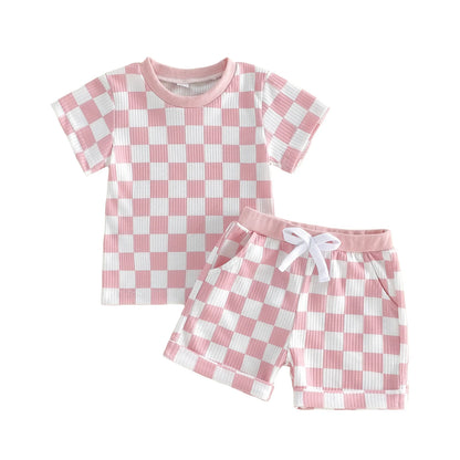 Baby Girl Checkered Print Short Sleeve Waffle Tops with Shorts 2Pcs Set