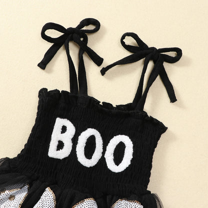 Halloween Infant Baby Girl Sequin Ghosts Jumpsuit w/ Tulle Skirt and Matching Bow Headband
