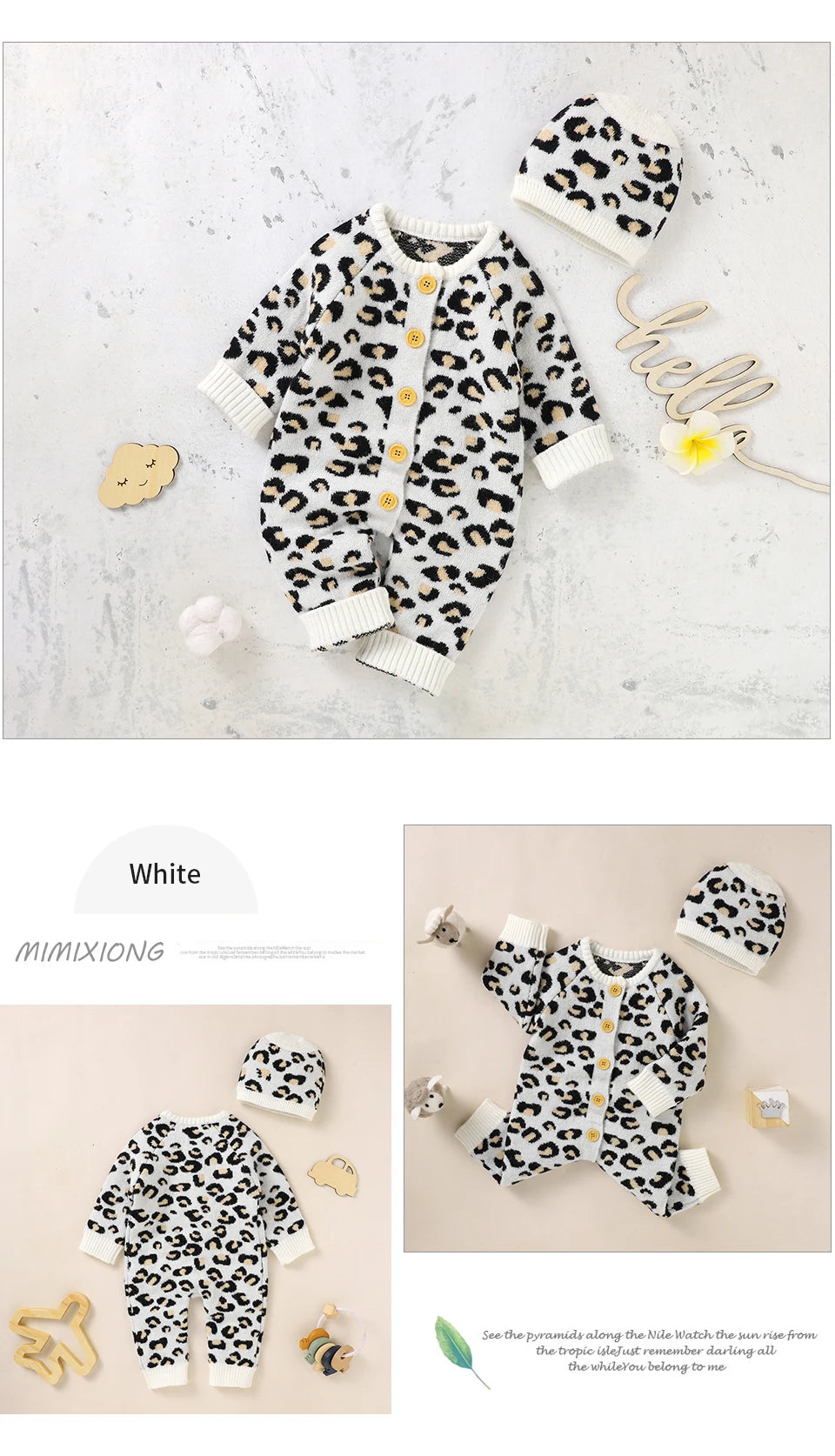 Baby Girl Leopard Knitted Long Sleeve 2 PC Jumpsuit with Matching Hat